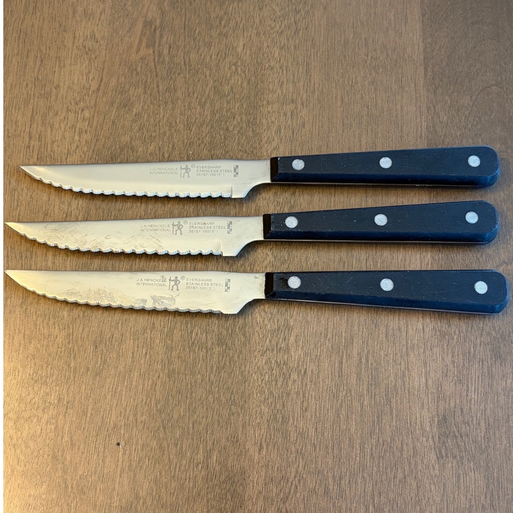 JA Henckels International Eversharp 5 Inch Serrated Steak Knife Set 3pc GUC